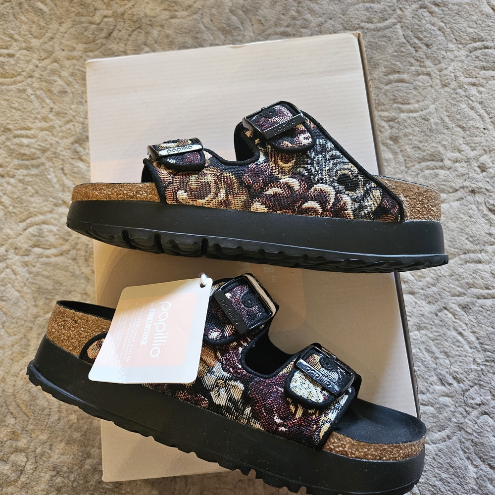 Birkenstock Black Floral Cork Sandals